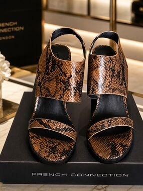 French Connection Brown Snake-Print Slingback Sandals Size 9